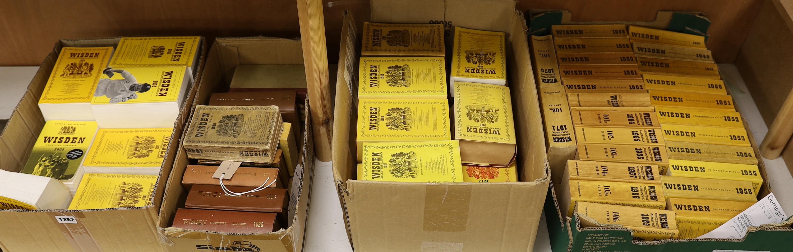 Wisden's Cricketers Almanack, some earlier volumes and a long post-war run, comprises: 1947-2005 (59 vols., limp cloth and cloth with d/wrapper bindings); and the following earlier years - 1911, 1912, 1914, 1920, 1924, 1